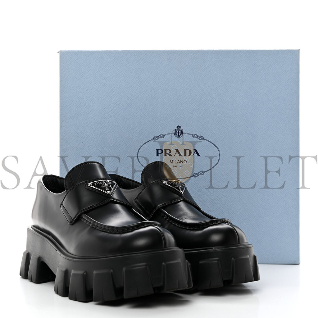 Pra*a spazzolato rois metal triangle logo monolith 55mm loafers 39 black