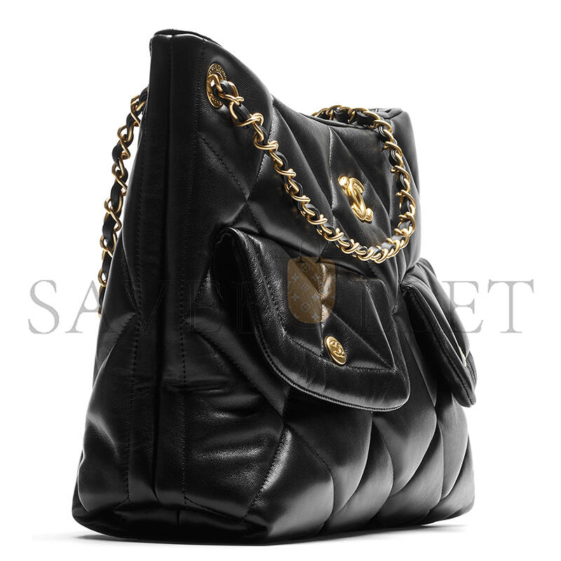 Ch**el shopping bag shiny lambskin & gold-tone metal black as5740 (38*26*11cm)