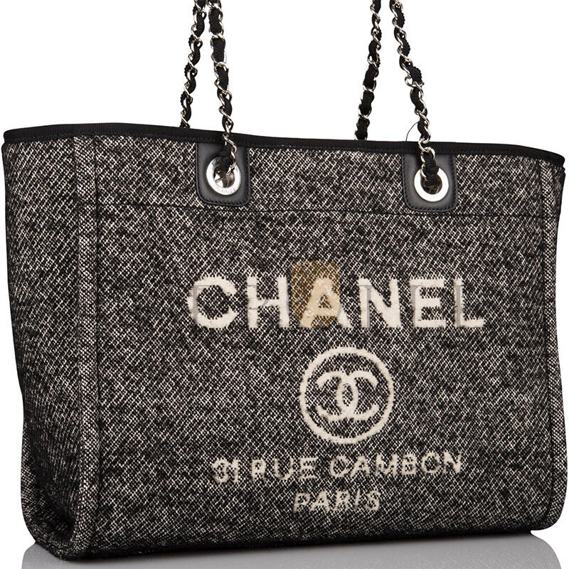 Ch**el small deauville shopping bag black wool silver hardware (35*27*16cm)
