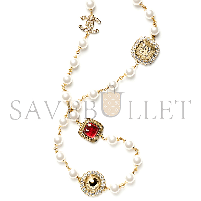Ch**el long necklace metal, glass pearls & diamantÉs gold, red, pearly white & crystal abg681