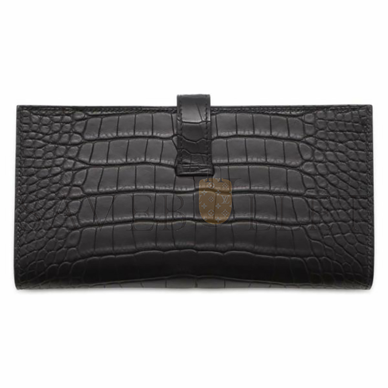 H**mes BEARN SOUFFLET LONG WALLET, BLACK GOLD HARDWARE, MATTE ALLIGATOR LEATHER (17.5*9cm)