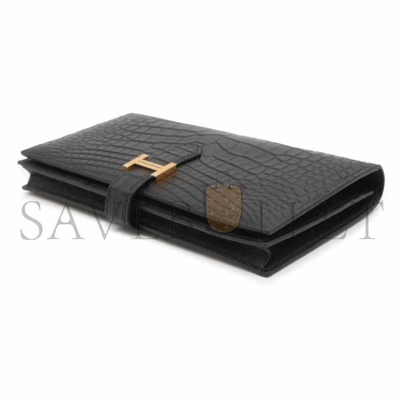 H**mes BEARN SOUFFLET LONG WALLET, BLACK GOLD HARDWARE, MATTE ALLIGATOR LEATHER (17.5*9cm)
