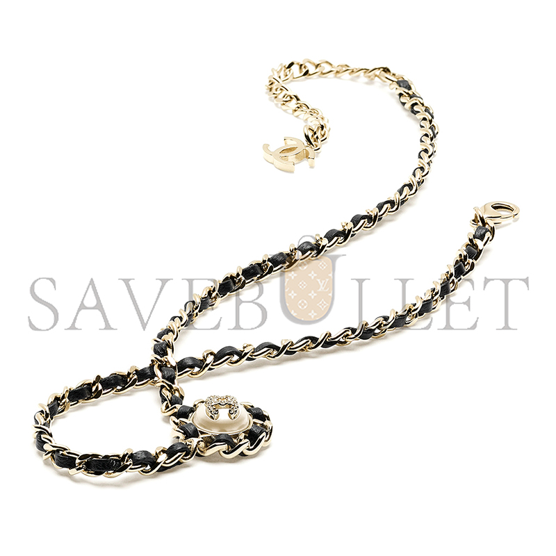 Ch**el necklace metal, lambskin, resin & diamantÉ gold, black, pearly white & crystal abg560