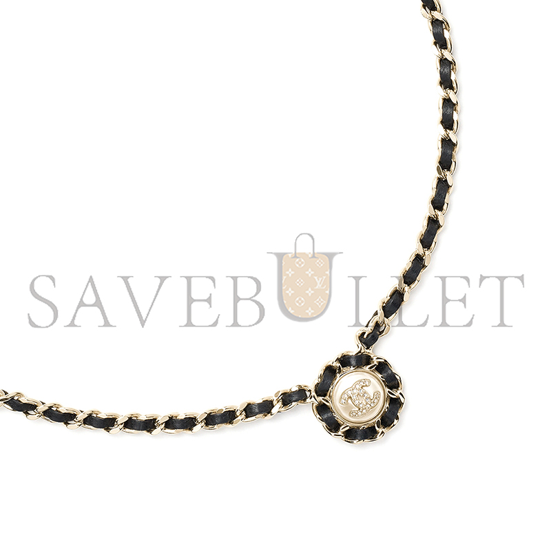 Ch**el necklace metal, lambskin, resin & diamantÉ gold, black, pearly white & crystal abg560