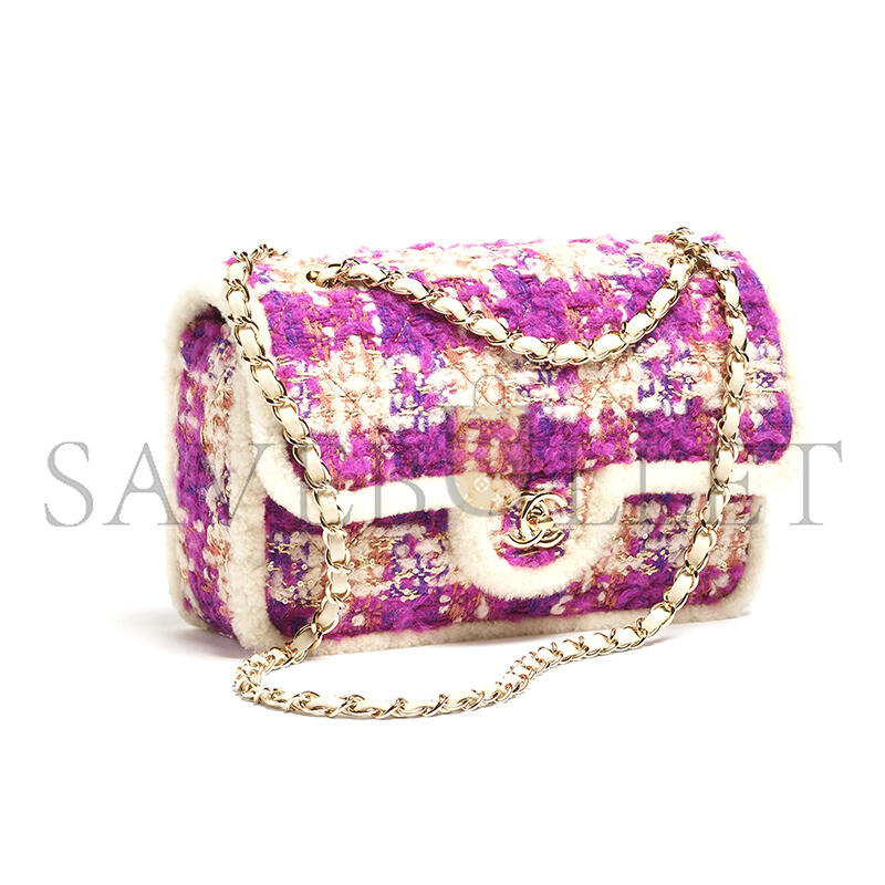 Ch**el large flap bag tweed, shearling lambskin & gold-tone metal fuschia, pink, beige & brown as5686 (26.5*16.5*9cm)