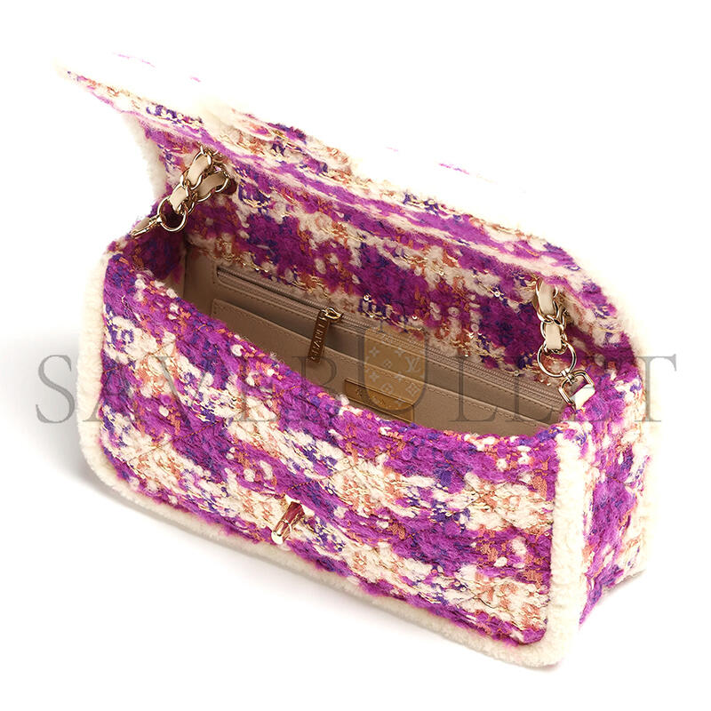 Ch**el large flap bag tweed, shearling lambskin & gold-tone metal fuschia, pink, beige & brown as5686 (26.5*16.5*9cm)