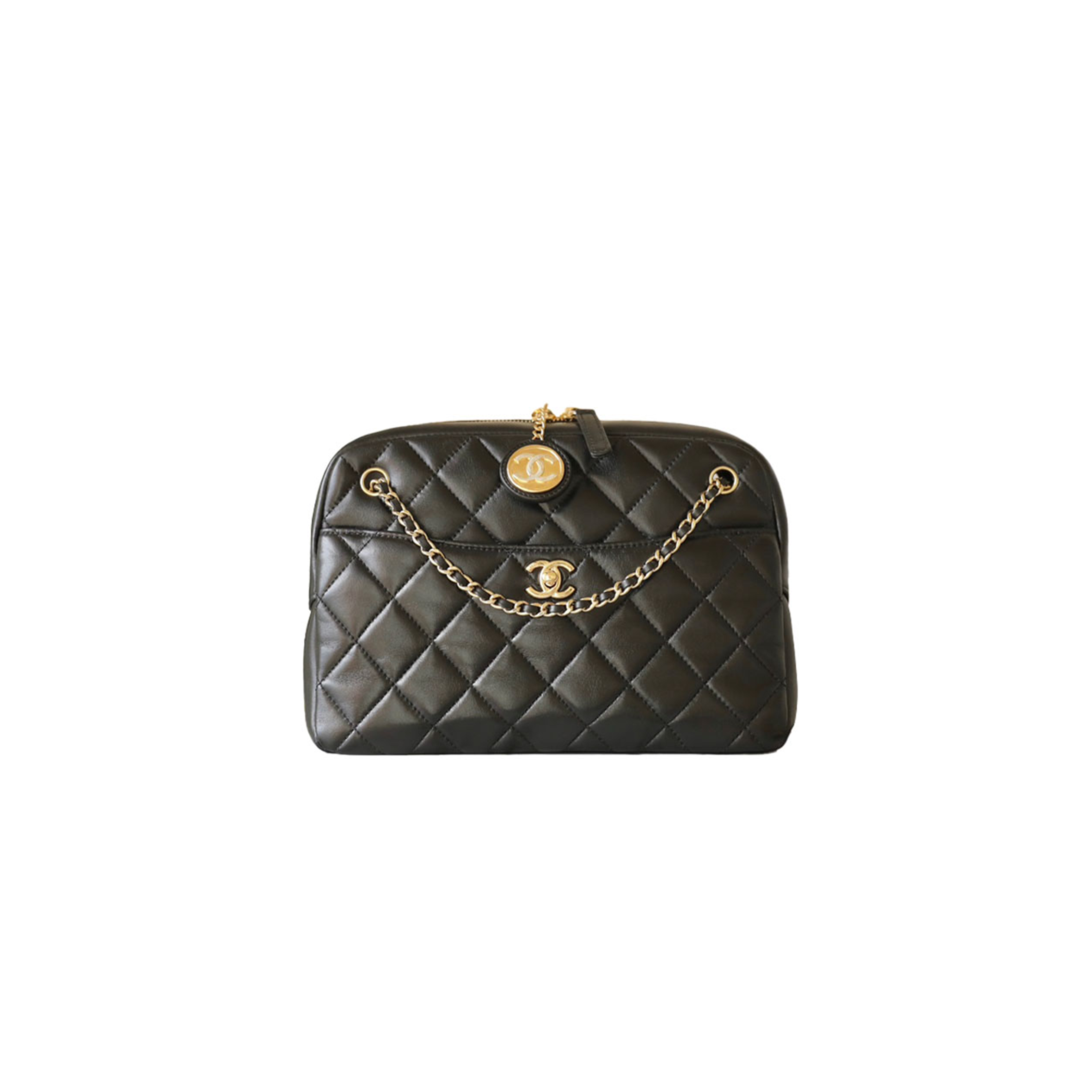 Ch*el gold coin camera bag black medium gold buckle as5190 (24*19*9cm)