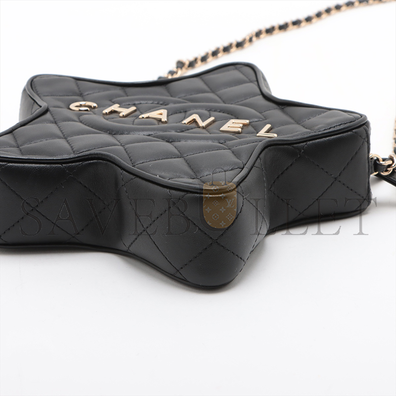 Ch*el lambskin chain shoulder bag star black gold metal fitti a3501 (22.5*6cm)