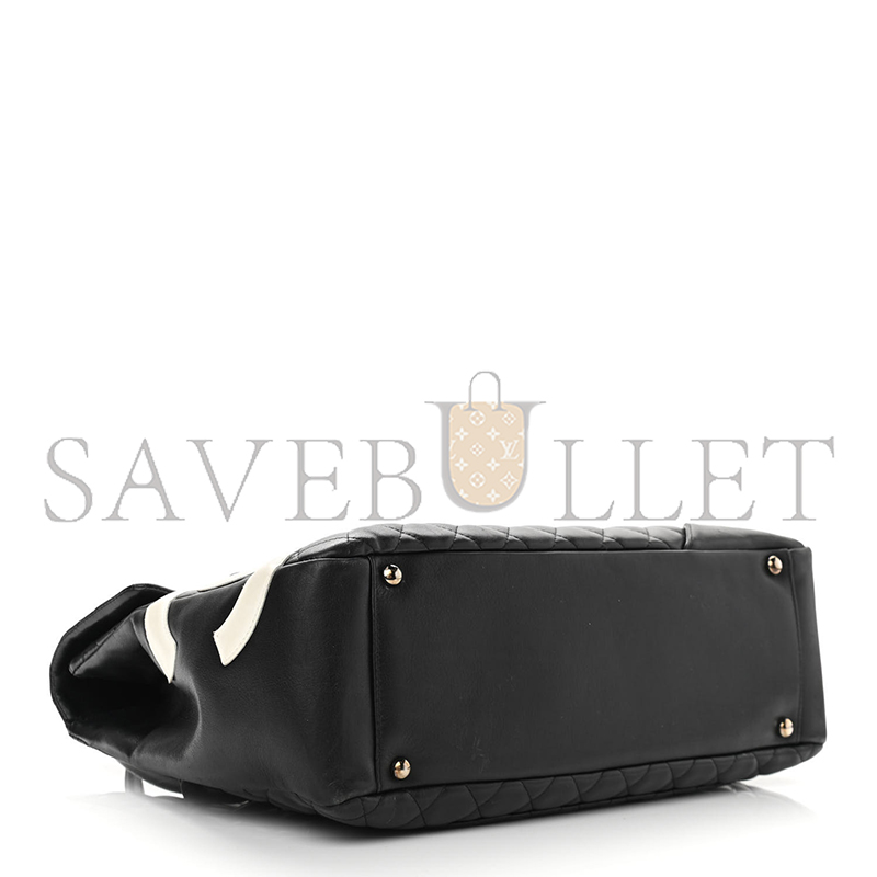 Ch**el calfskin quilted large cambon flap black white (33*24*11cm)
