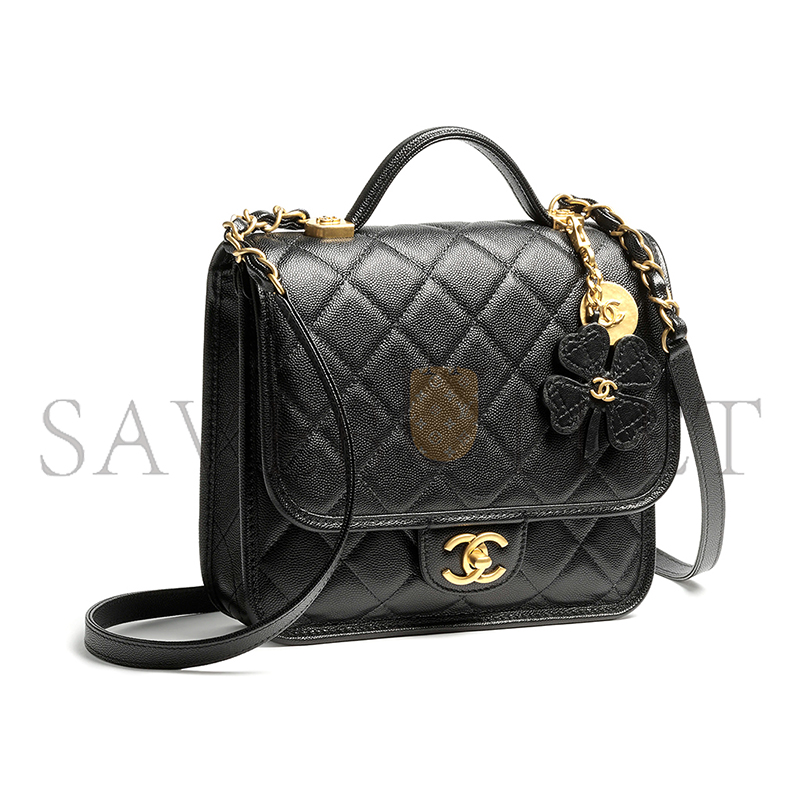 Ch**el backpack grained shiny calfskin & gold-tone metal black as5715 (22*19.5*7cm)