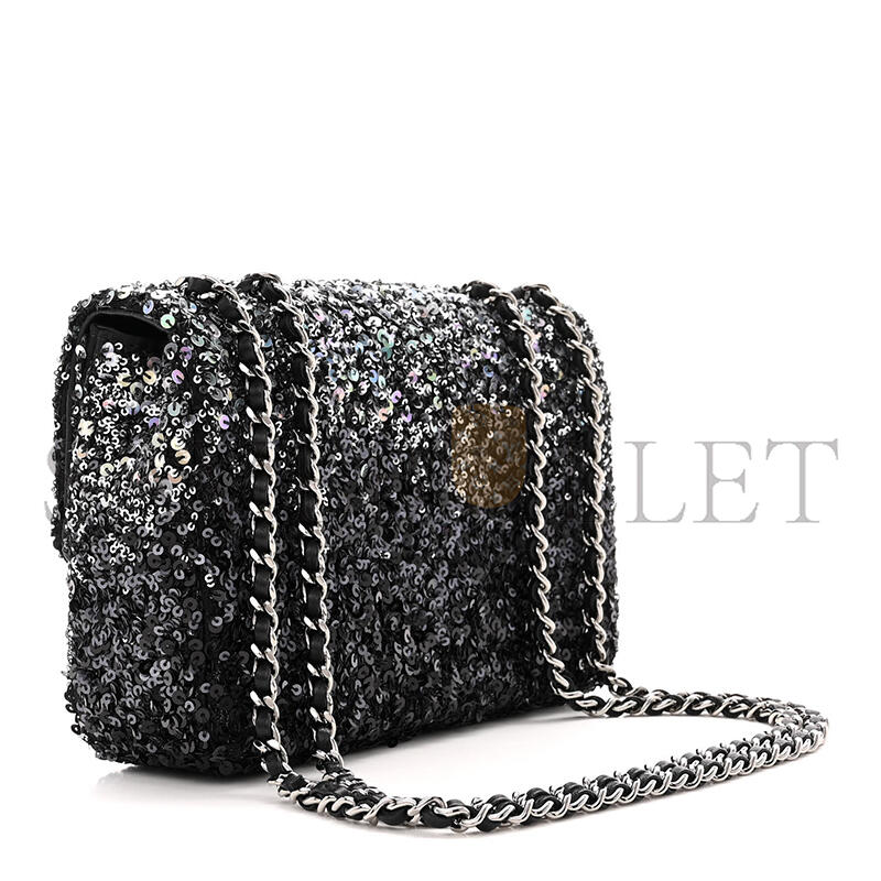 Ch**el sequin mini rectangular flap black silver as3965 (20*15*7cm)