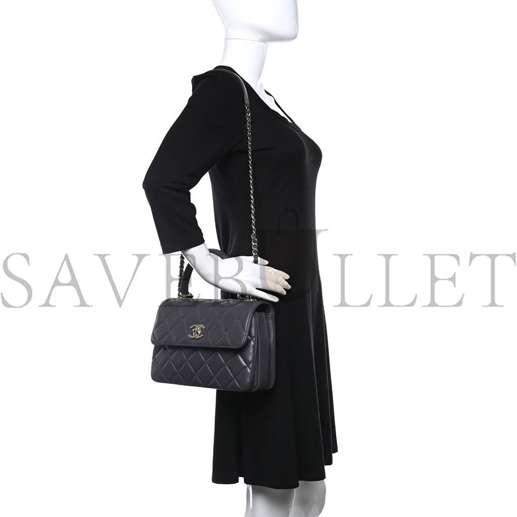 Ch*el lambskin quilted small trendy cc dual handle flap bag dark grey rose gold hardware (25*17*9cm)