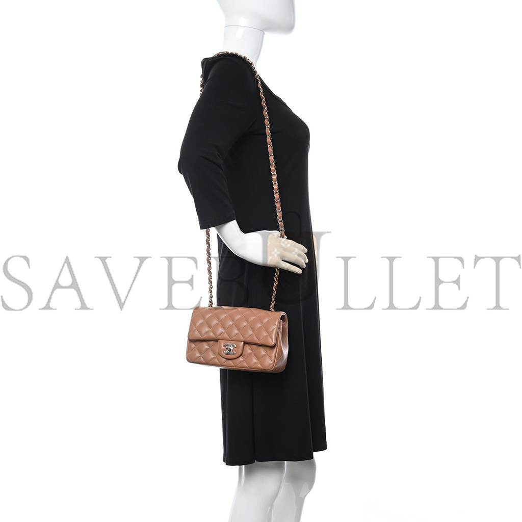Ch*el lambskin quilted mini rectangular flap brown rose gold hardware (19*11*7cm)