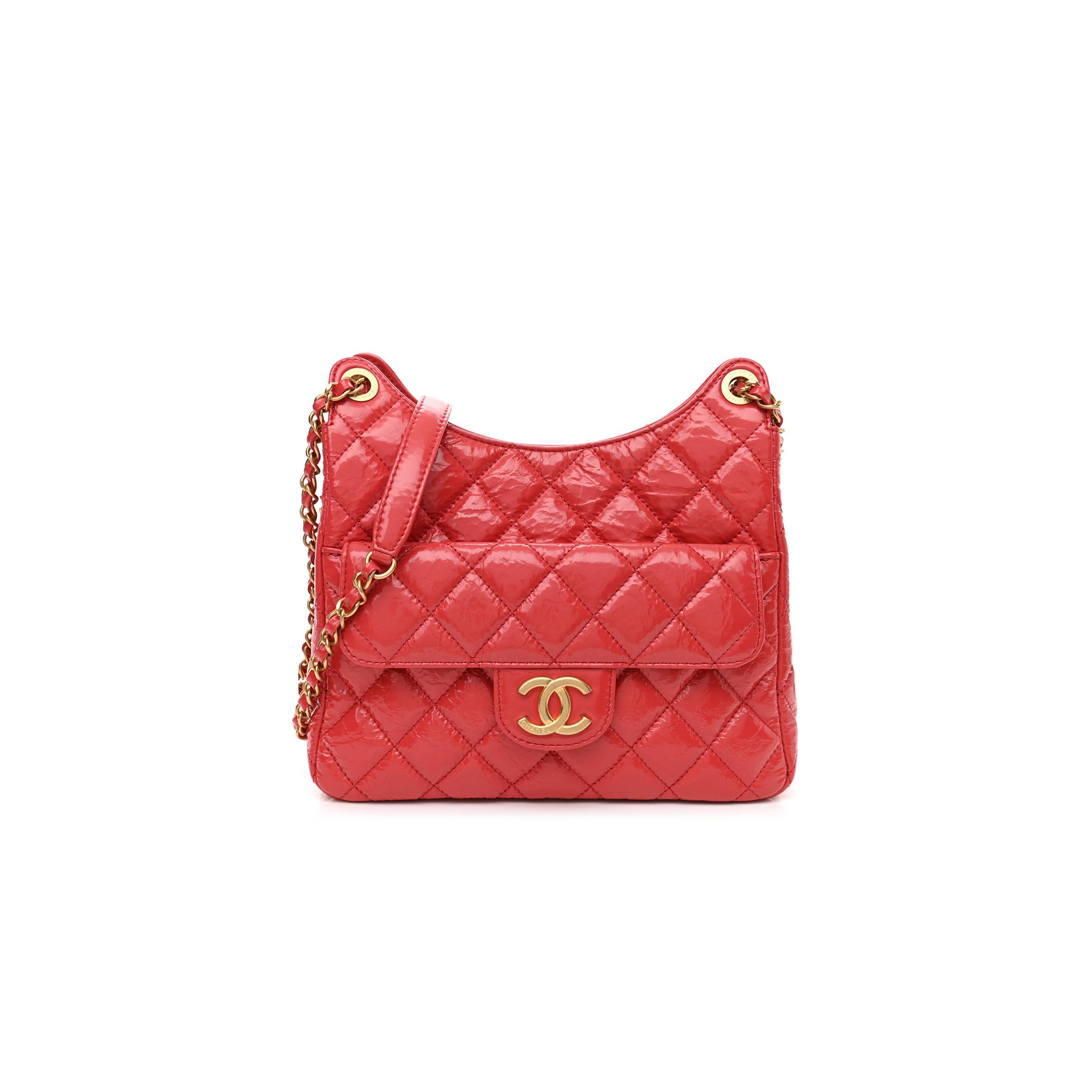 Ch*el shiny crumpled calfskin quilted small hobo red gold hardware (22*17*7cm)