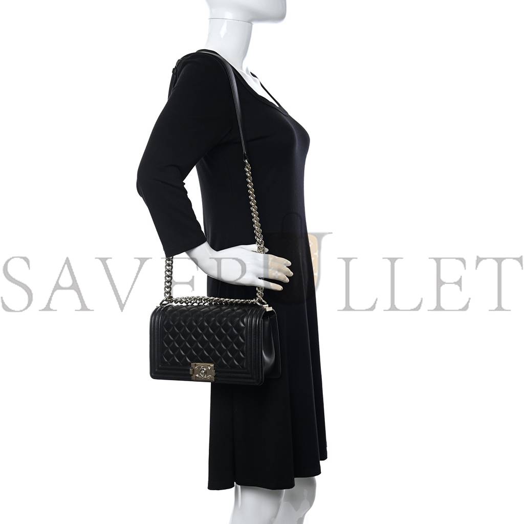 Ch*el calfskin quilted medium boy flap black silver hardware (25*14*9cm)