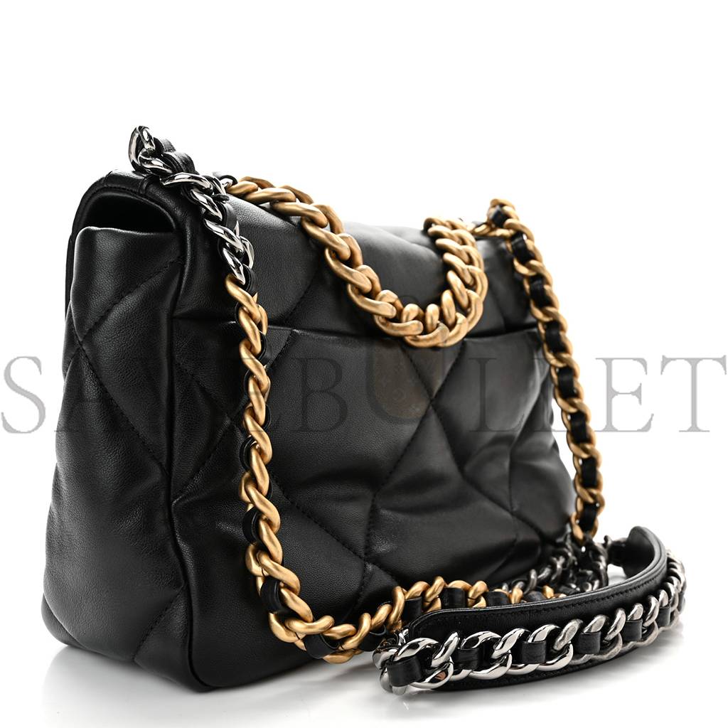 Ch*el lambskin quilted medium Ch*el 19 flap black gold hardware (26*17*8cm)