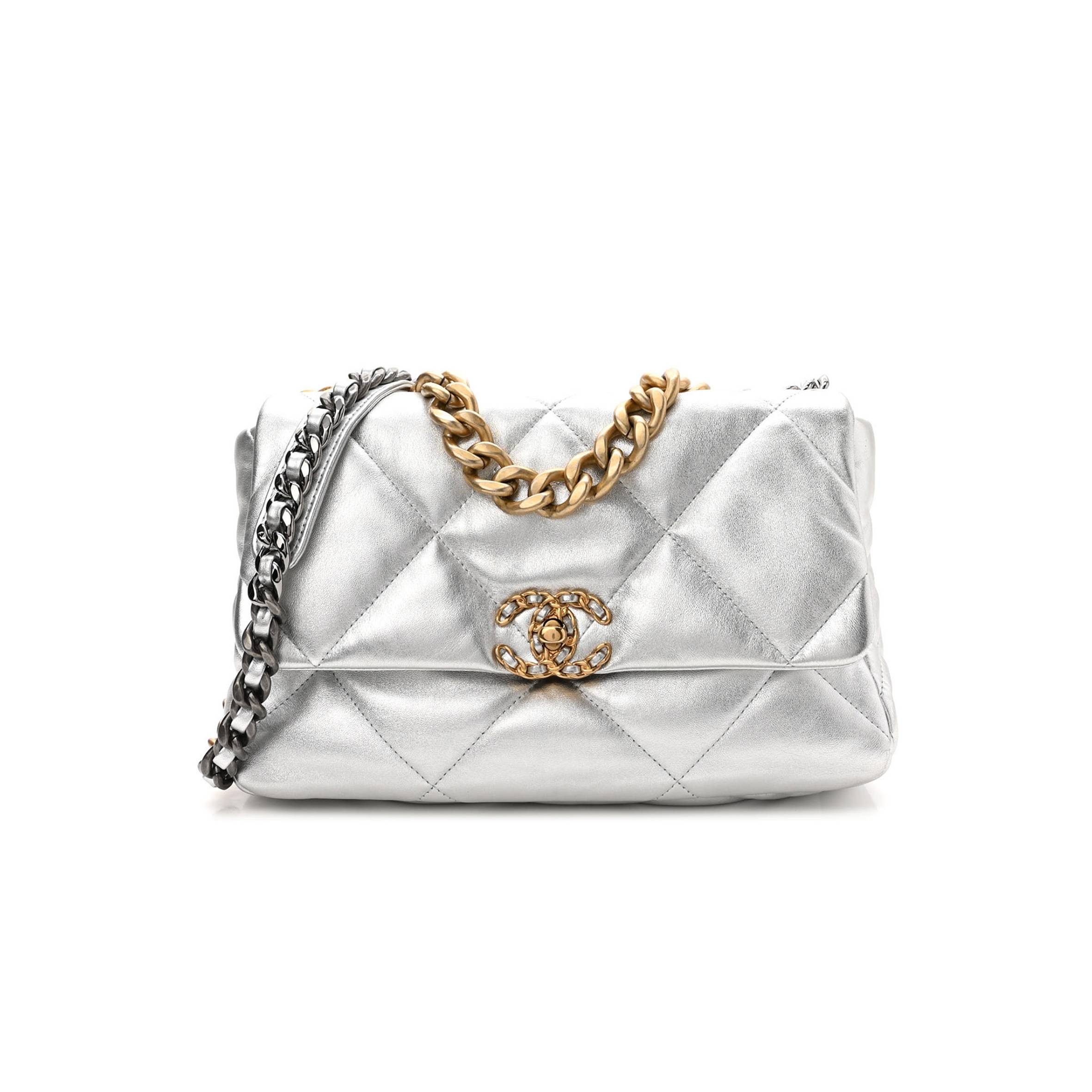 Ch*el metallic goatskin quilted large Ch*el 19 flap silver gold hardware (30*21*9cm)