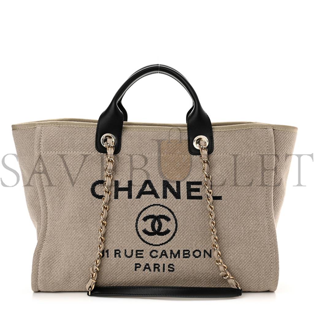 Ch*el mixed fibers medium deauville tote beige black (38*28*20cm)