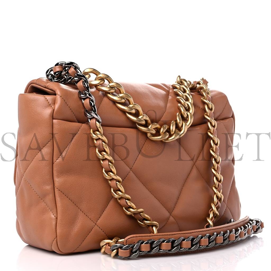 Ch*el lambskin quilted large Ch*el 19 flap brown gold hardware (30*20*9cm)