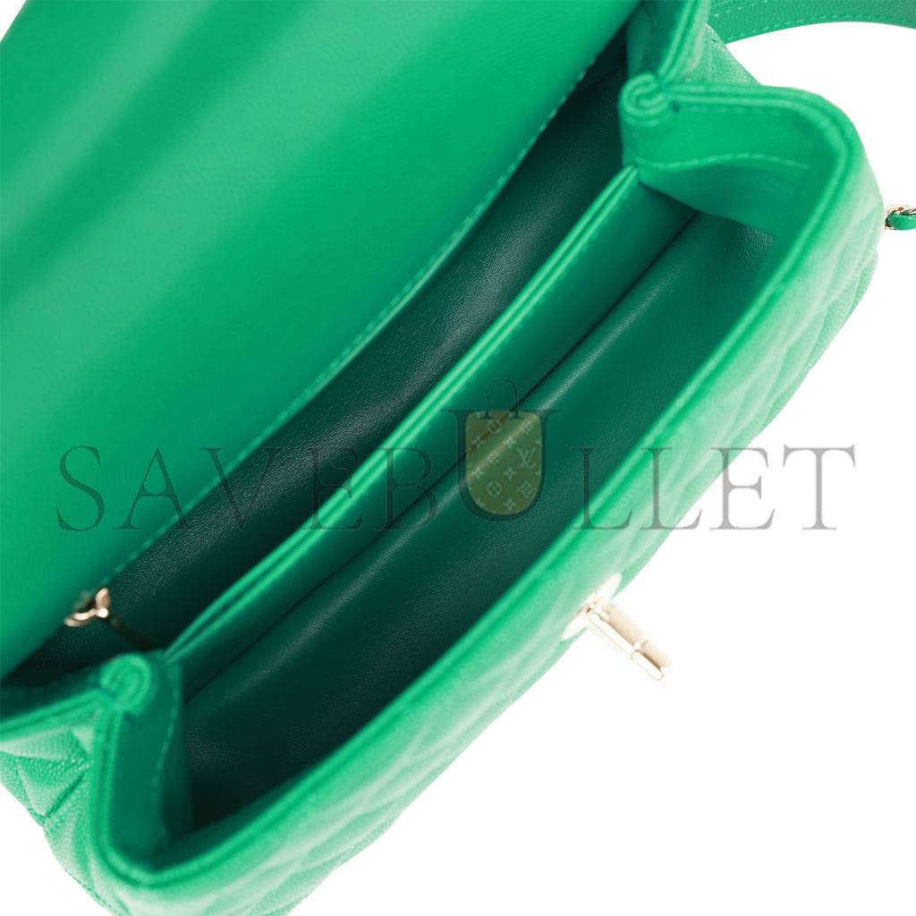 Ch*el small coco handle flap bag green caviar light gold hardware (23*15*10cm)