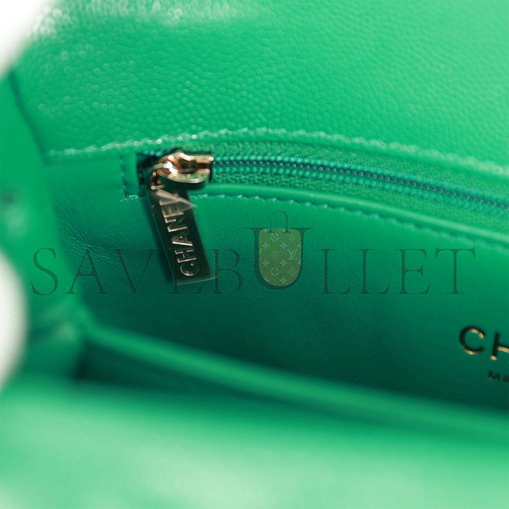 Ch*el small coco handle flap bag green caviar light gold hardware (23*15*10cm)