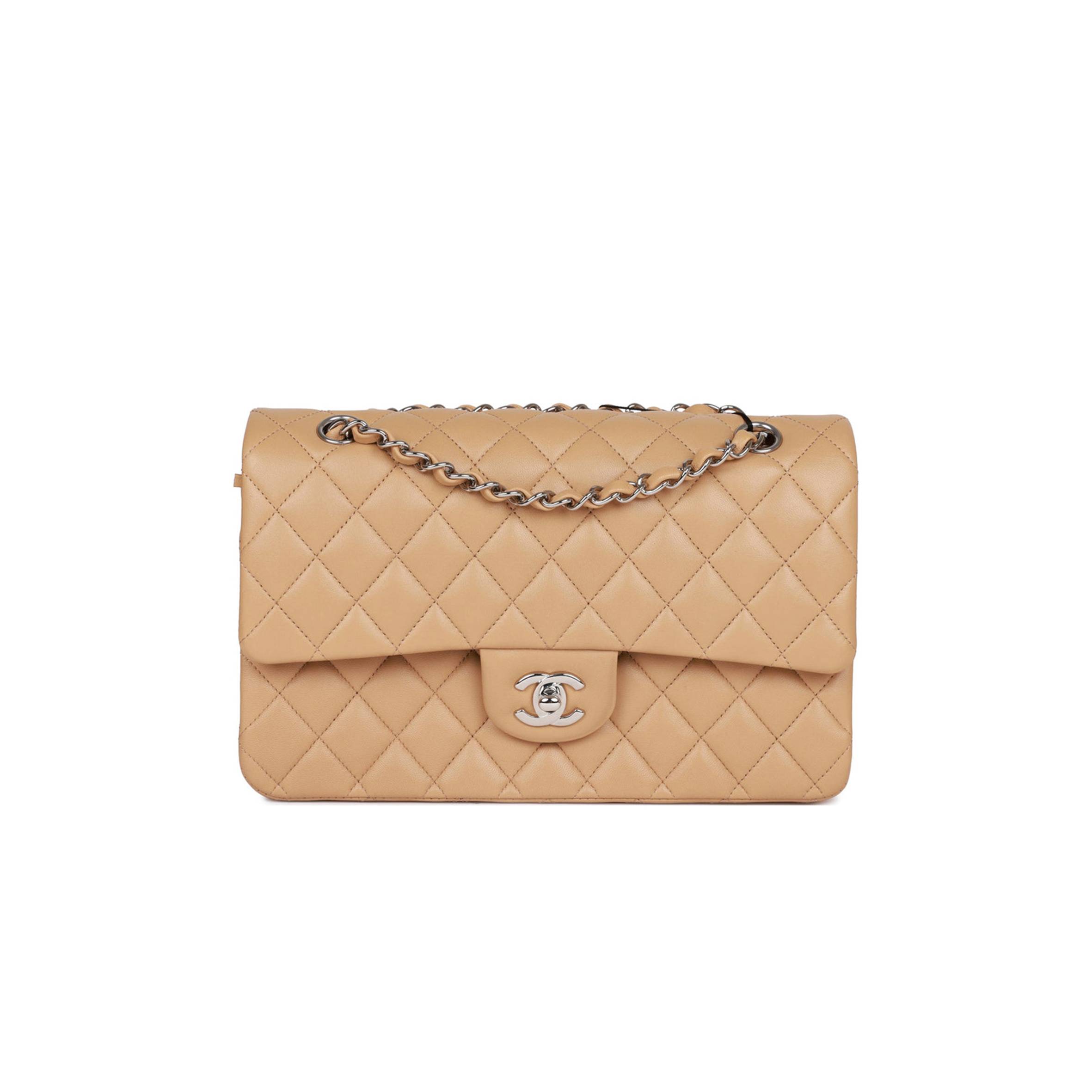 Ch*el medium classic double flap bag beige lambskin silver hardware (25*15*7cm)