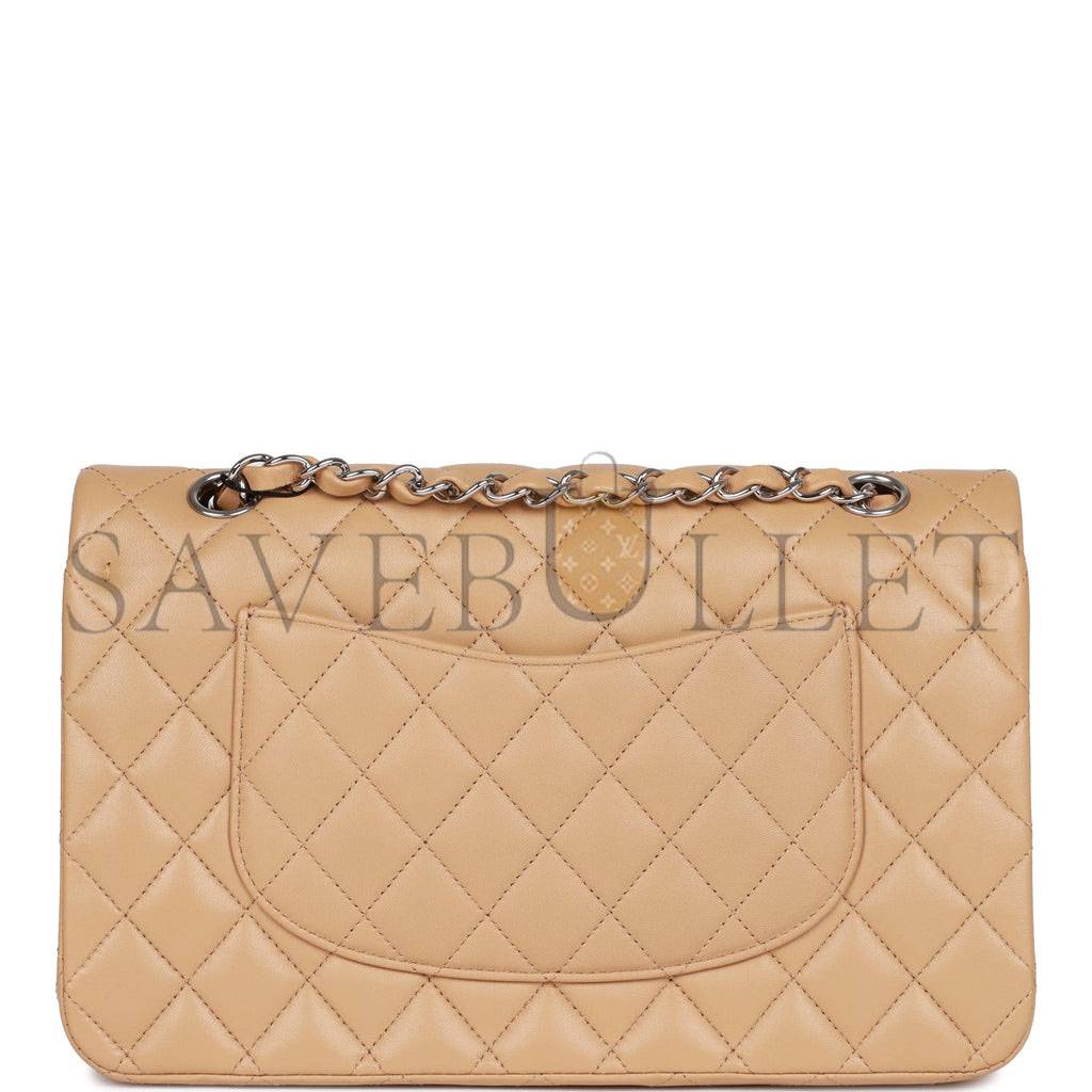 Ch*el medium classic double flap bag beige lambskin silver hardware (25*15*7cm)