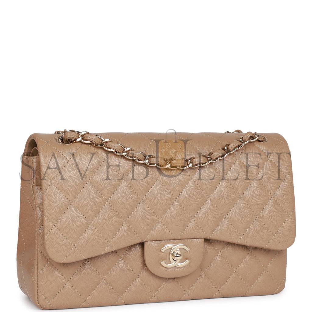 Ch*el jumbo classic double flap bag dark beige caviar gold hardware (30*20*9cm)