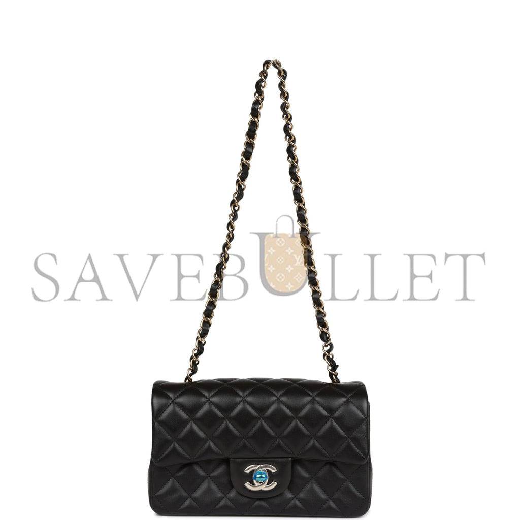 Ch*el mini rectangular flap bag black lambskin light gold hardware (20*13*6cm)