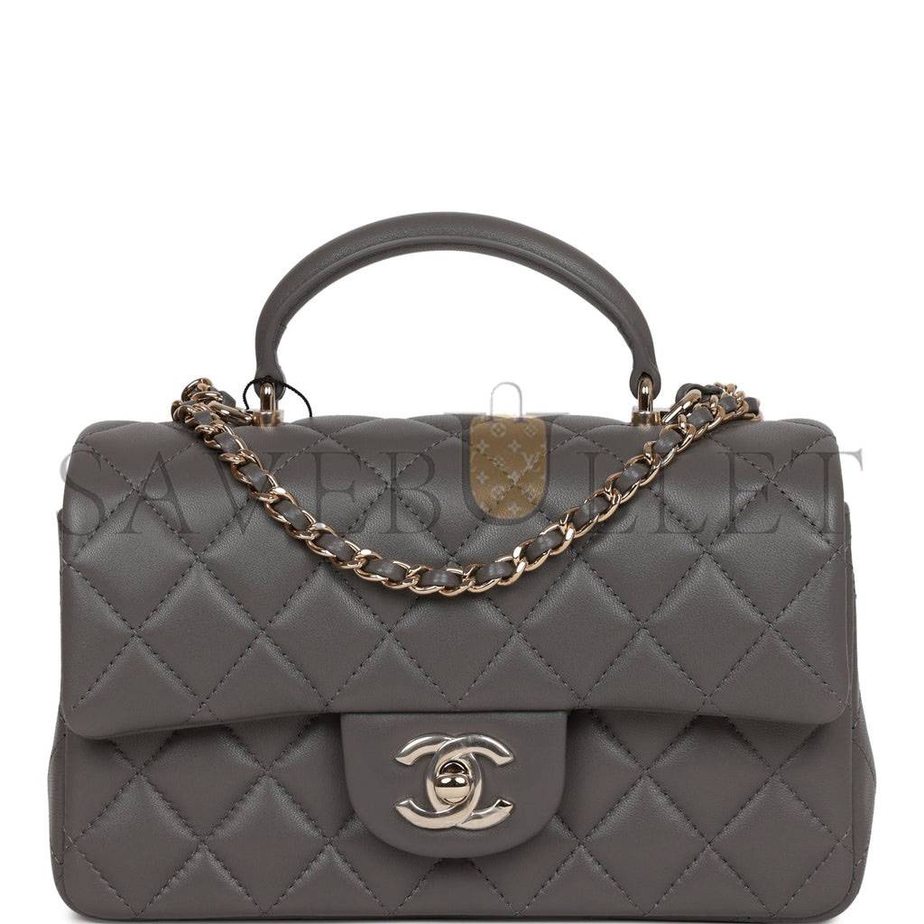 Ch*el mini rectangular flap bag with top handle dark grey lambskin light gold hardware (22*15*8cm)