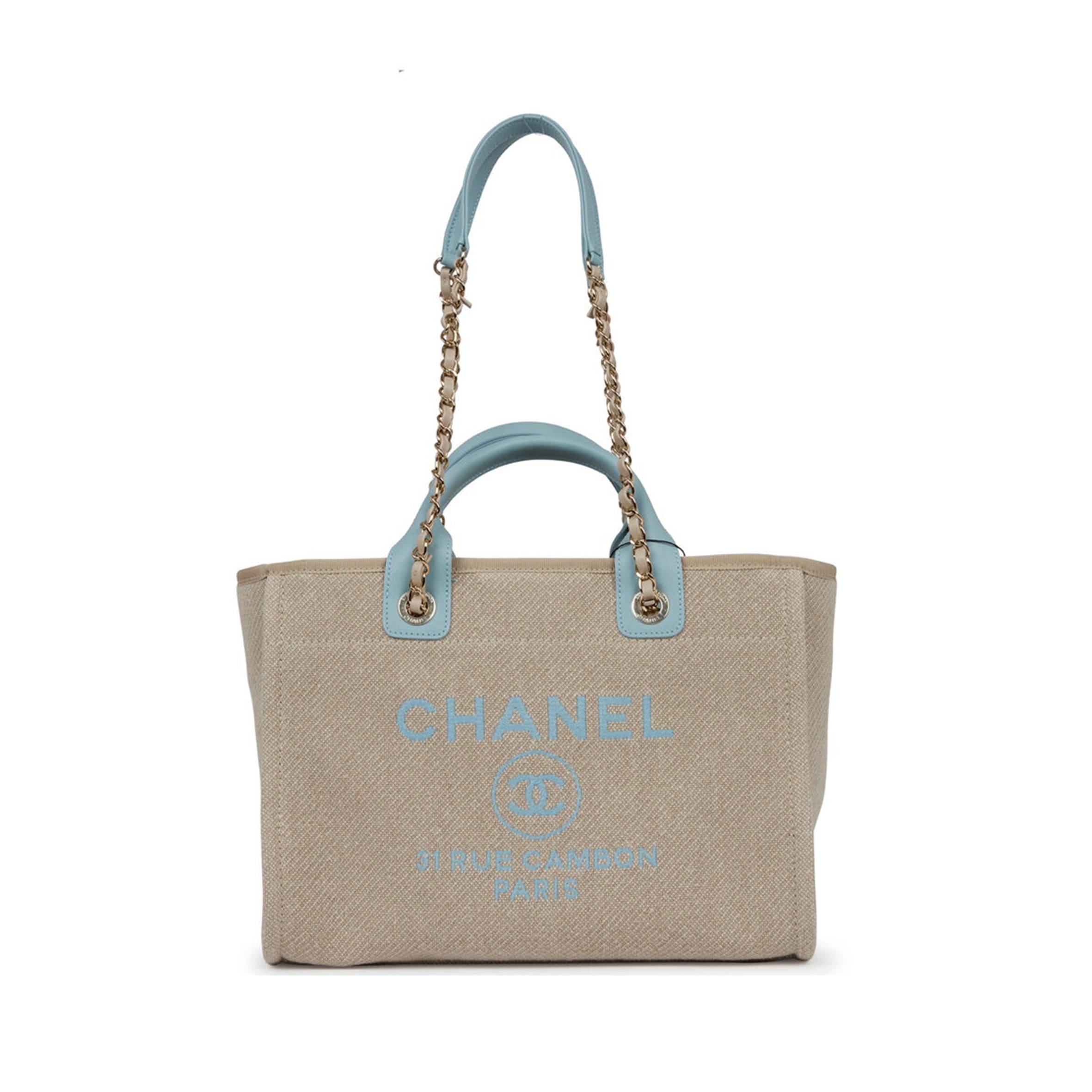 Ch*el small deauville shopping bag blue and beige boucle light gold hardware (34*27*15cm)