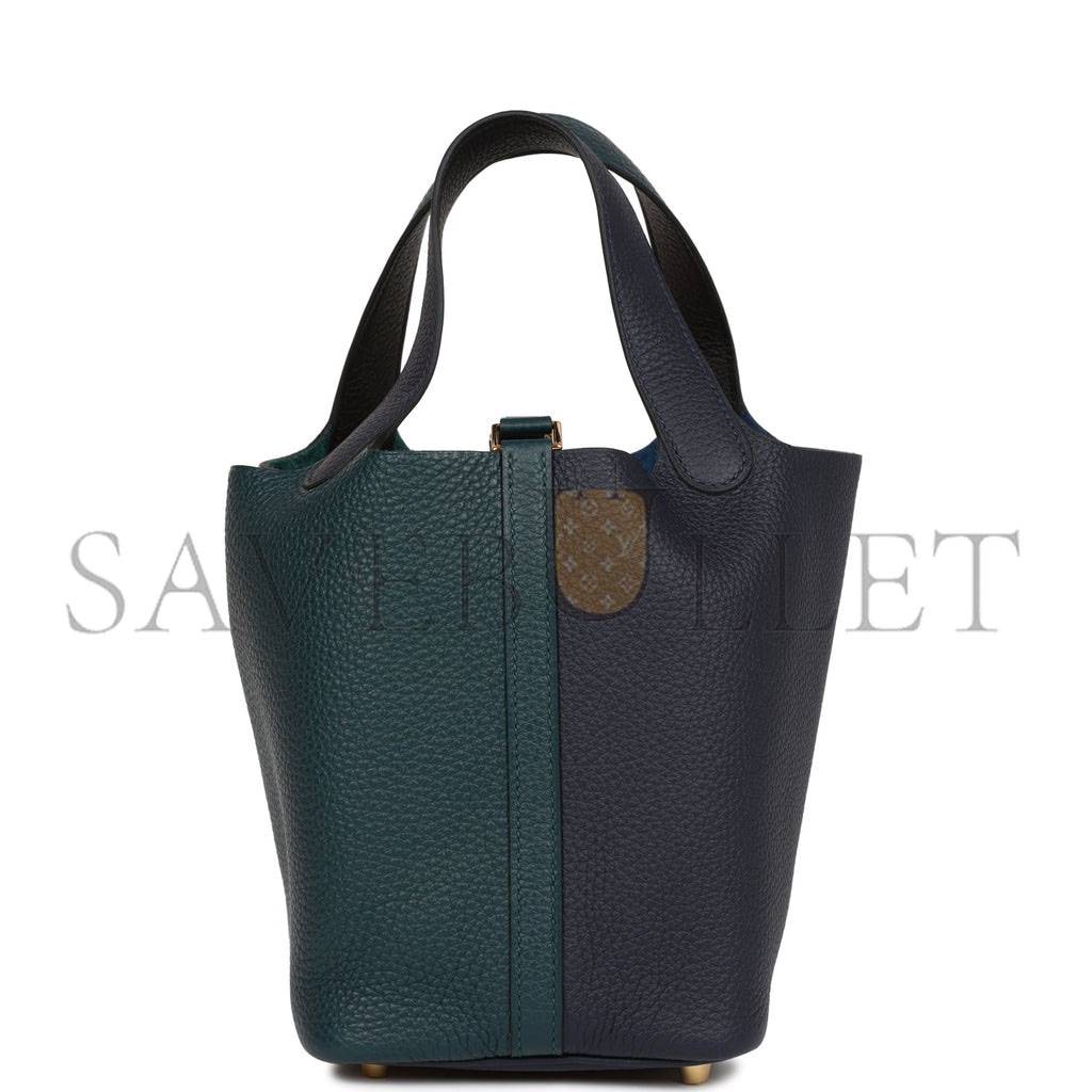 H**mes picotin lock 18 casaque vert cypress, bleu nuit and black clemence gold hardware(18*13*18cm)