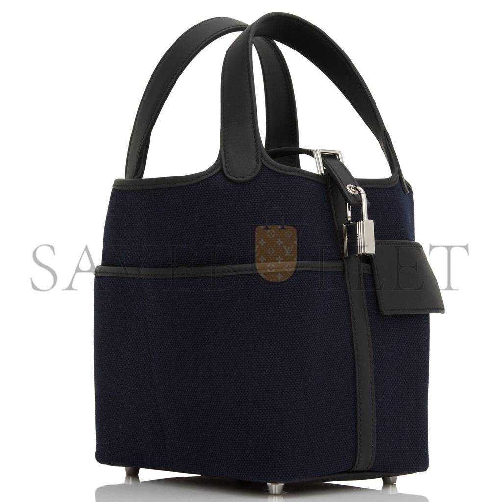 H**mes picotin cargo 18 bleu marine and black swift and toile canvas palladium hardwar(18*13*18cm)