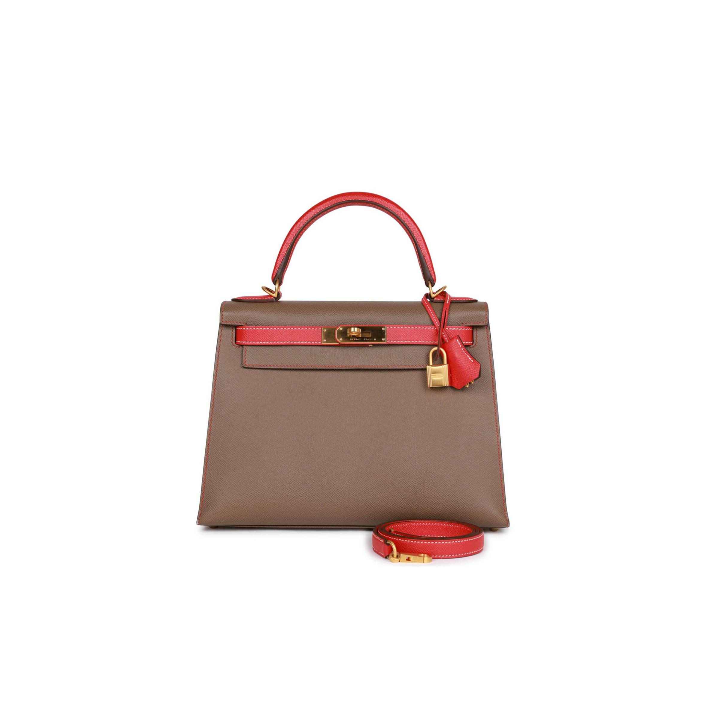 h**mes special order (hss) kelly sellier 28 etoupe and rouge T0mate epsom brushed gold hardware (28*22*10cm)