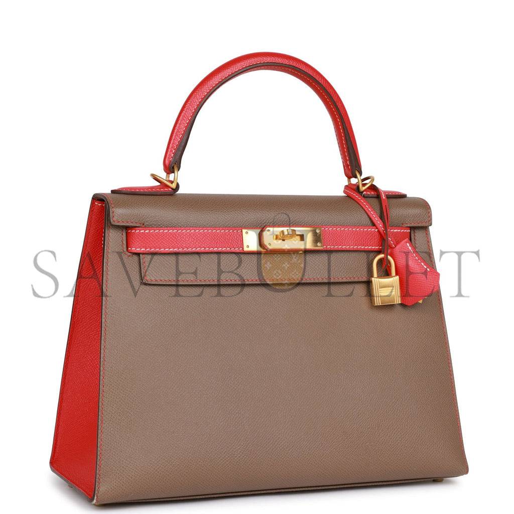 h**mes special order (hss) kelly sellier 28 etoupe and rouge T0mate epsom brushed gold hardware (28*22*10cm)
