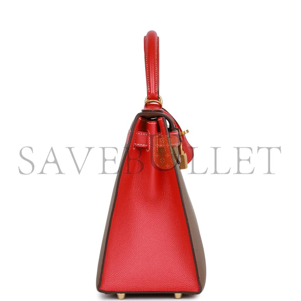 h**mes special order (hss) kelly sellier 28 etoupe and rouge T0mate epsom brushed gold hardware (28*22*10cm)