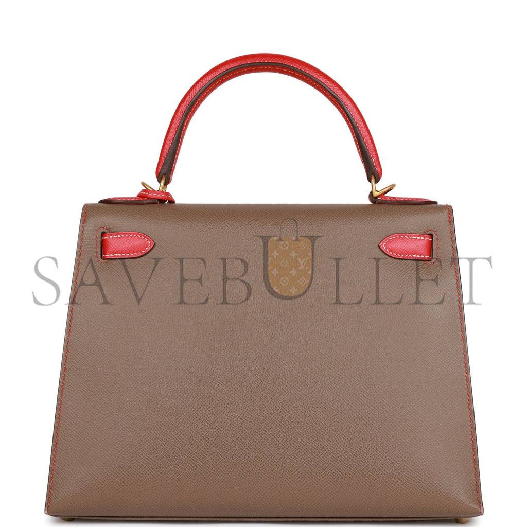 h**mes special order (hss) kelly sellier 28 etoupe and rouge T0mate epsom brushed gold hardware (28*22*10cm)
