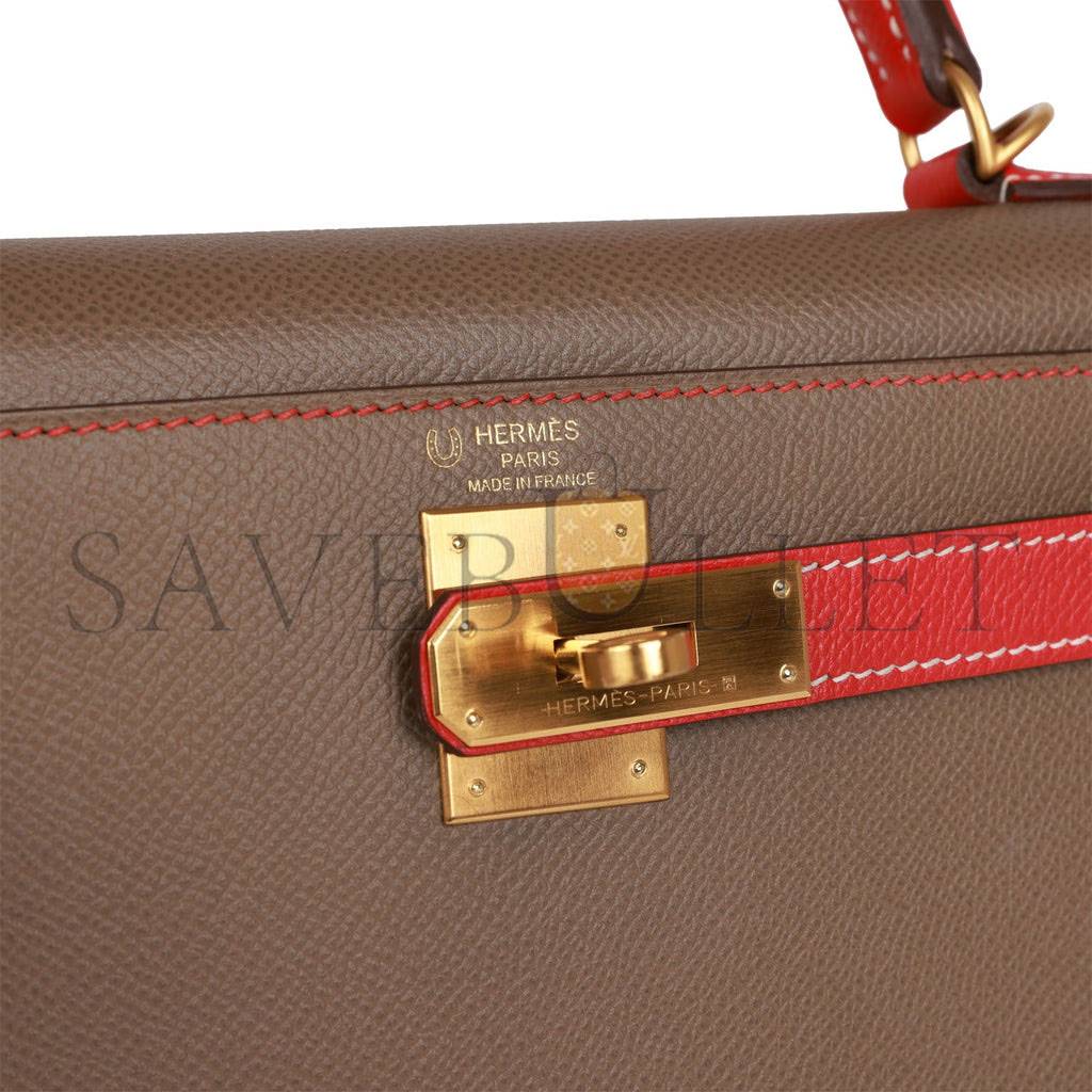 h**mes special order (hss) kelly sellier 28 etoupe and rouge T0mate epsom brushed gold hardware (28*22*10cm)