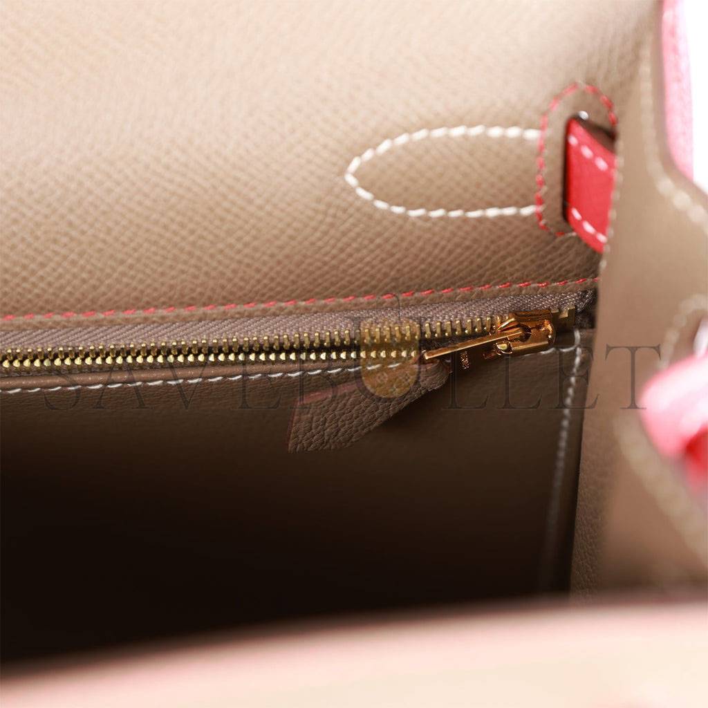 h**mes special order (hss) kelly sellier 28 etoupe and rouge T0mate epsom brushed gold hardware (28*22*10cm)