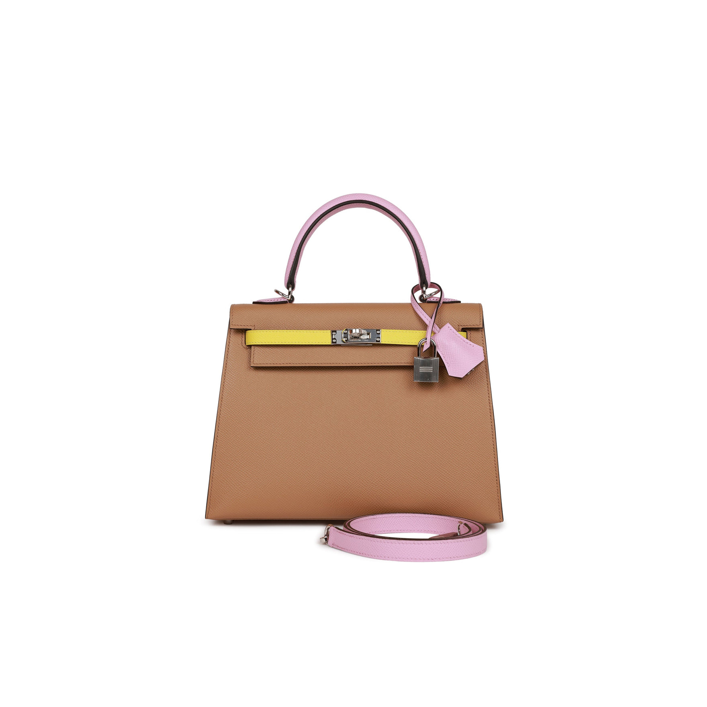 H**mes kelly sellier 25 tri-color chai, lime and mauve sylvestre epsom palladium hardware(25*17*7cm)