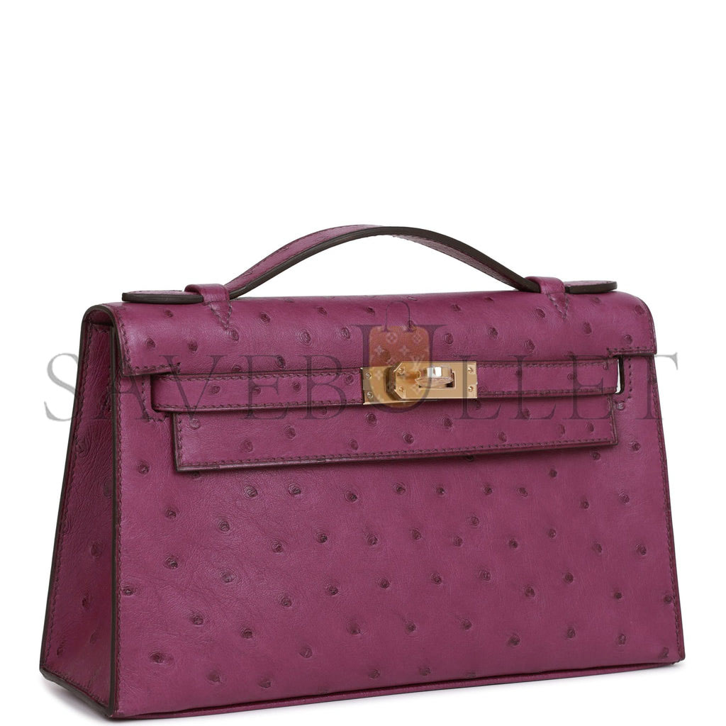 H**mes kelly pochette anemone ostrich permabrass hardware (22*12*13cm)