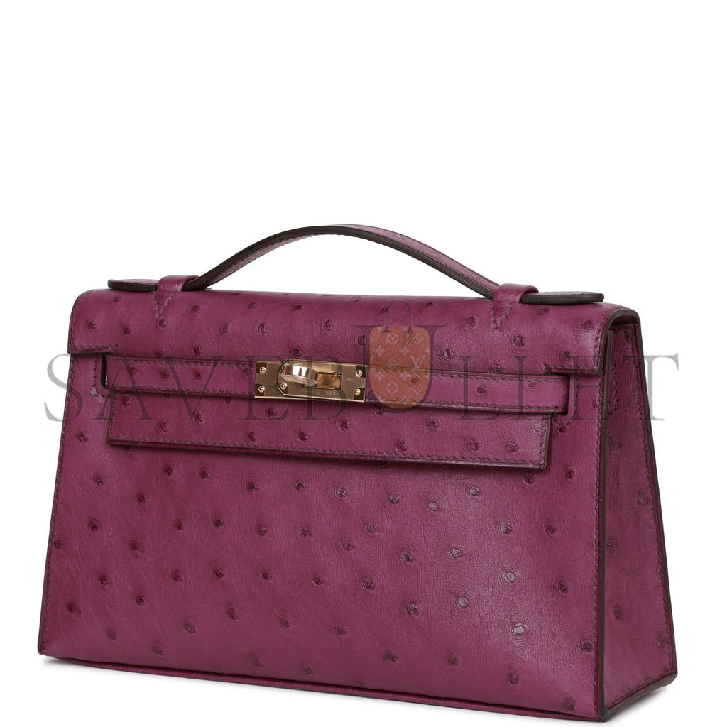 H**mes kelly pochette anemone ostrich permabrass hardware (22*12*13cm)