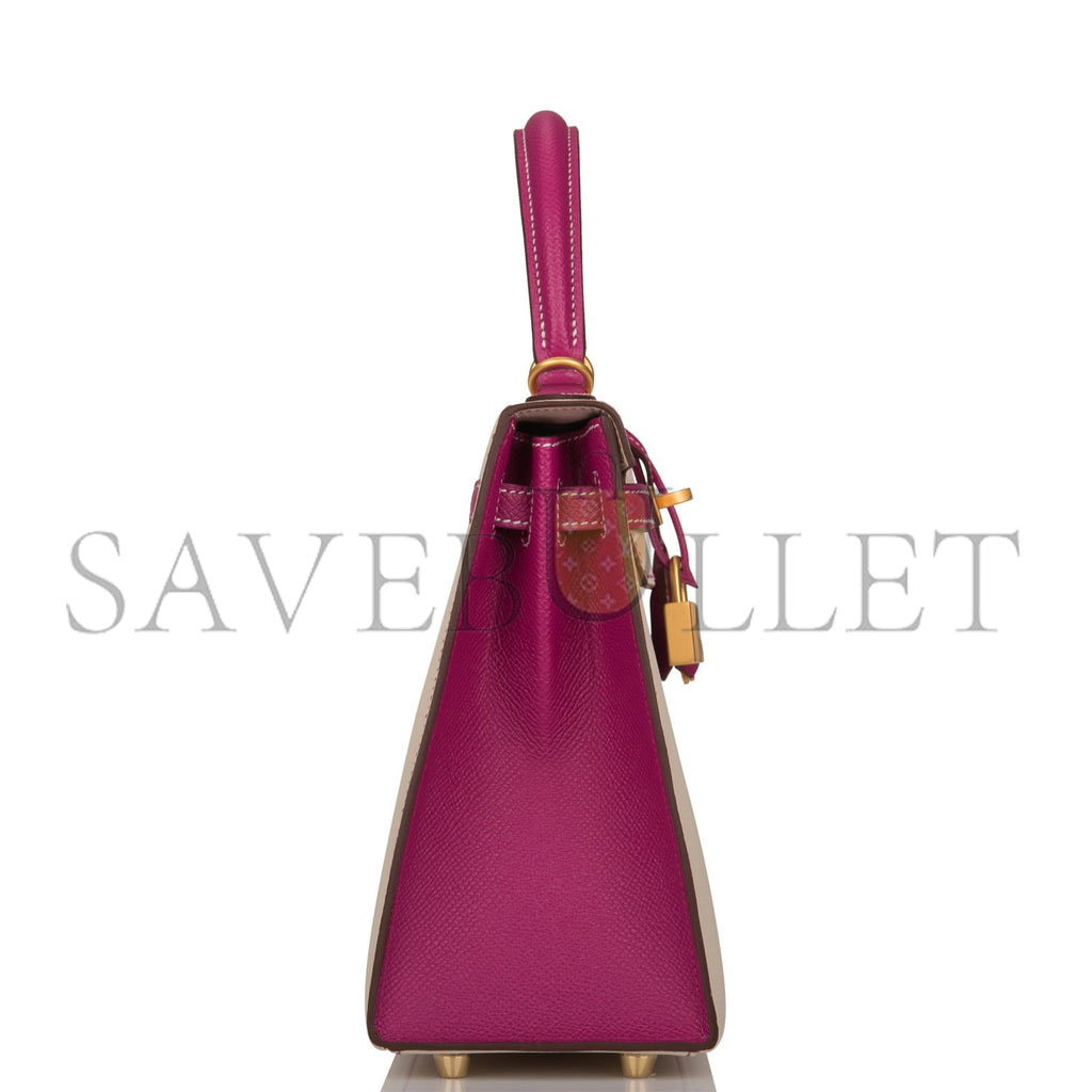 H**mes special order (hss) kelly sellier 25 rose pourpre and craie epsom brushed gold hardware handmade(25*17*7cm)
