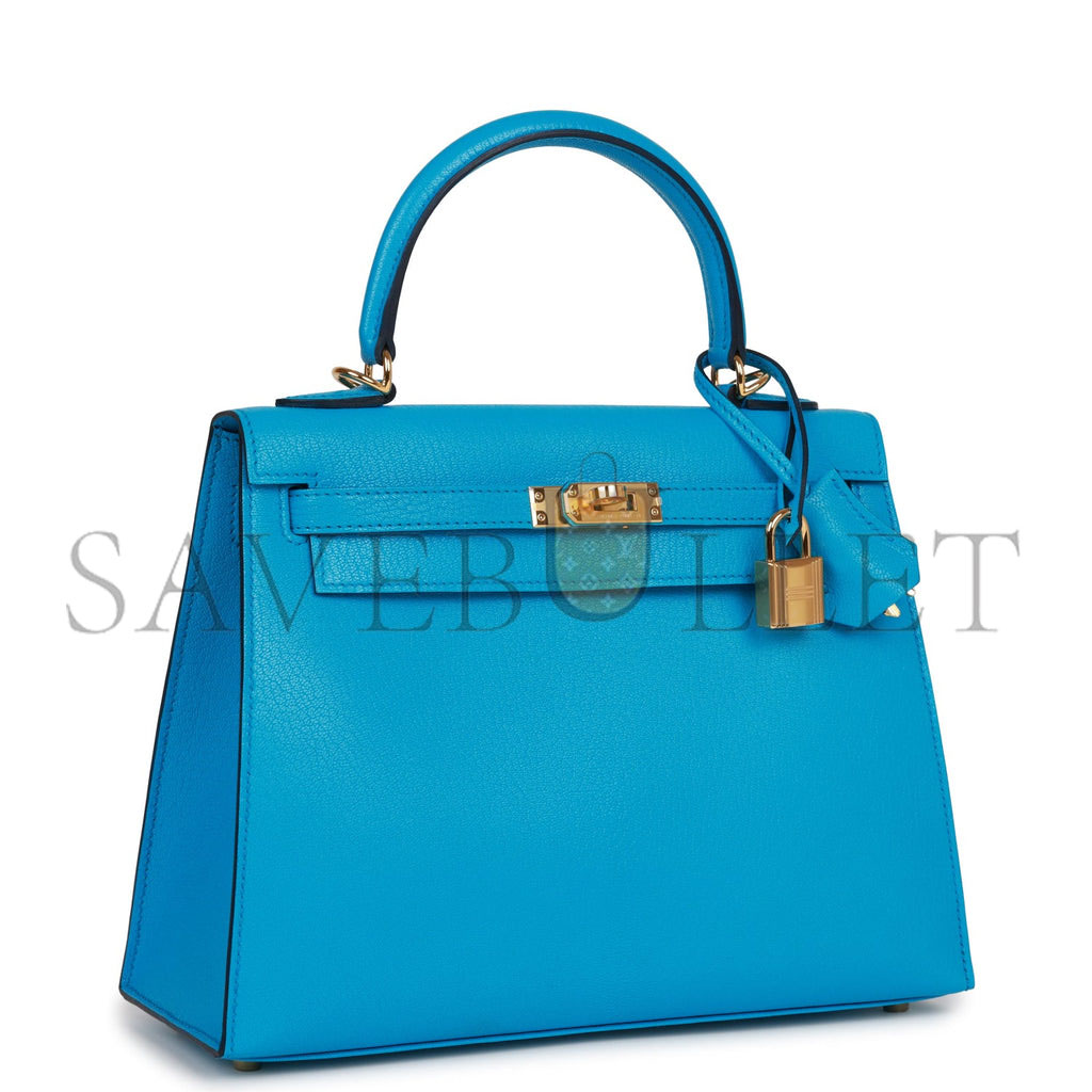 H**mes kelly sellier 25 bleu frida chevre gold hardware (25*17*7cm)