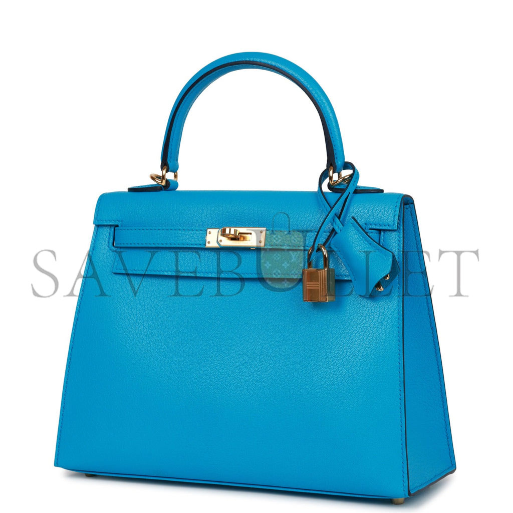 H**mes kelly sellier 25 bleu frida chevre gold hardware (25*17*7cm)