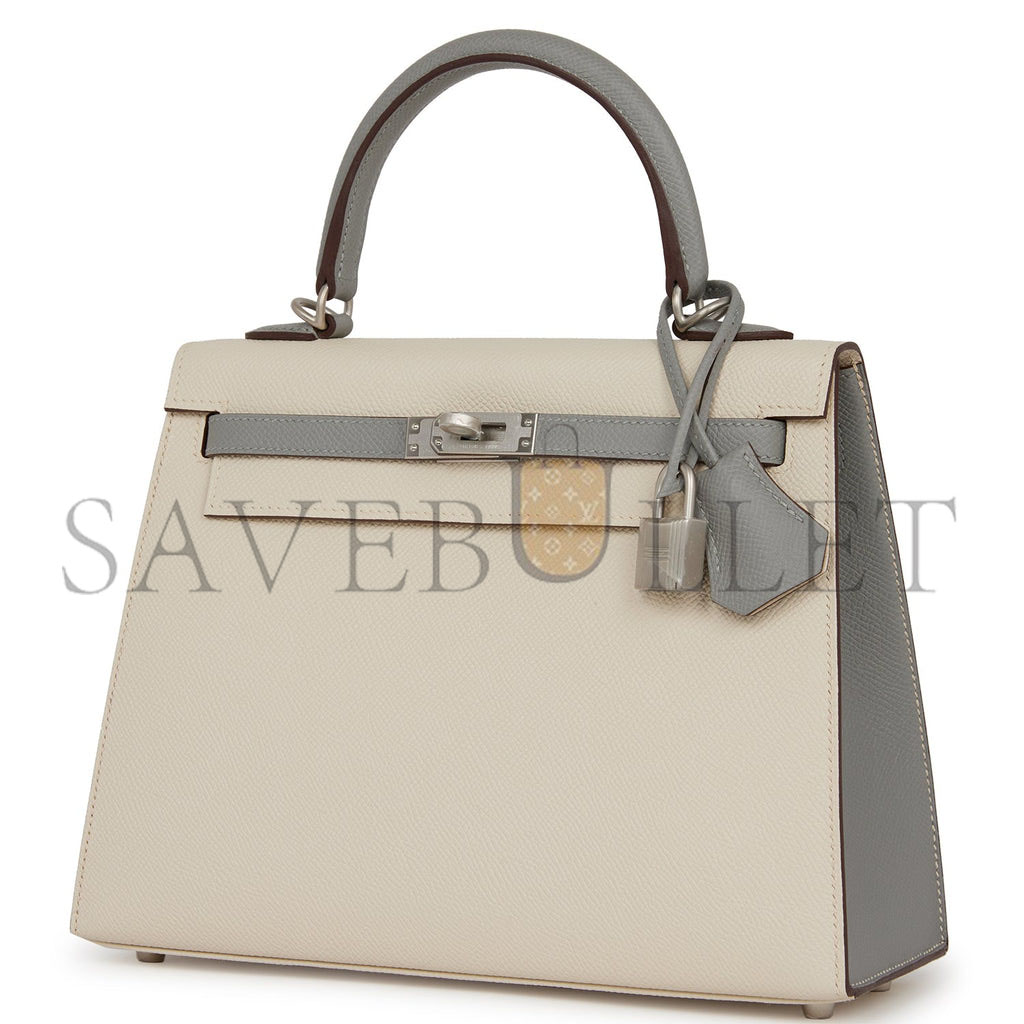 H**mes special order (hss) kelly sellier 25 craie and gris mouette epsom brushed palladium hardware handmade (25*17*7cm)