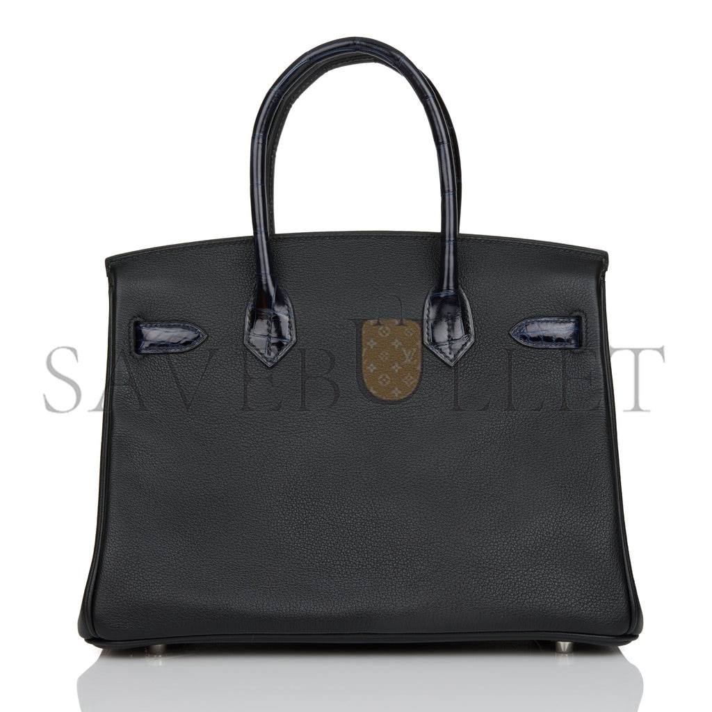 H**mes birkin 25 bleu marine shiny niloticus crocodile pattern and black novillo touch palladium hardware (25cm)