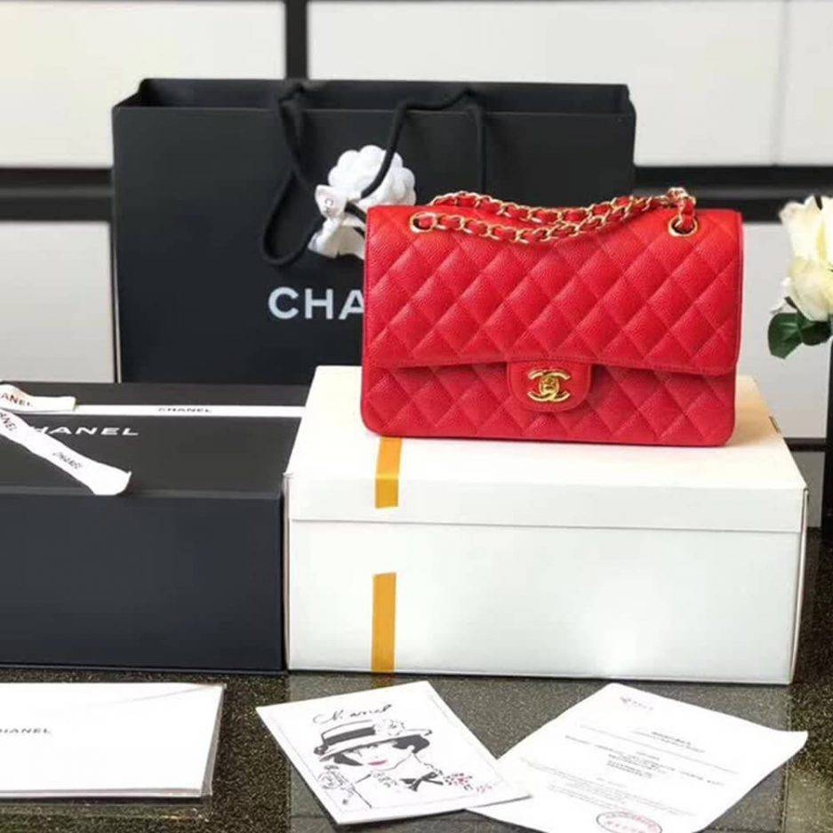 Ch*el classic flap small red caviar leather gold hardware (23*14.5*6cm)