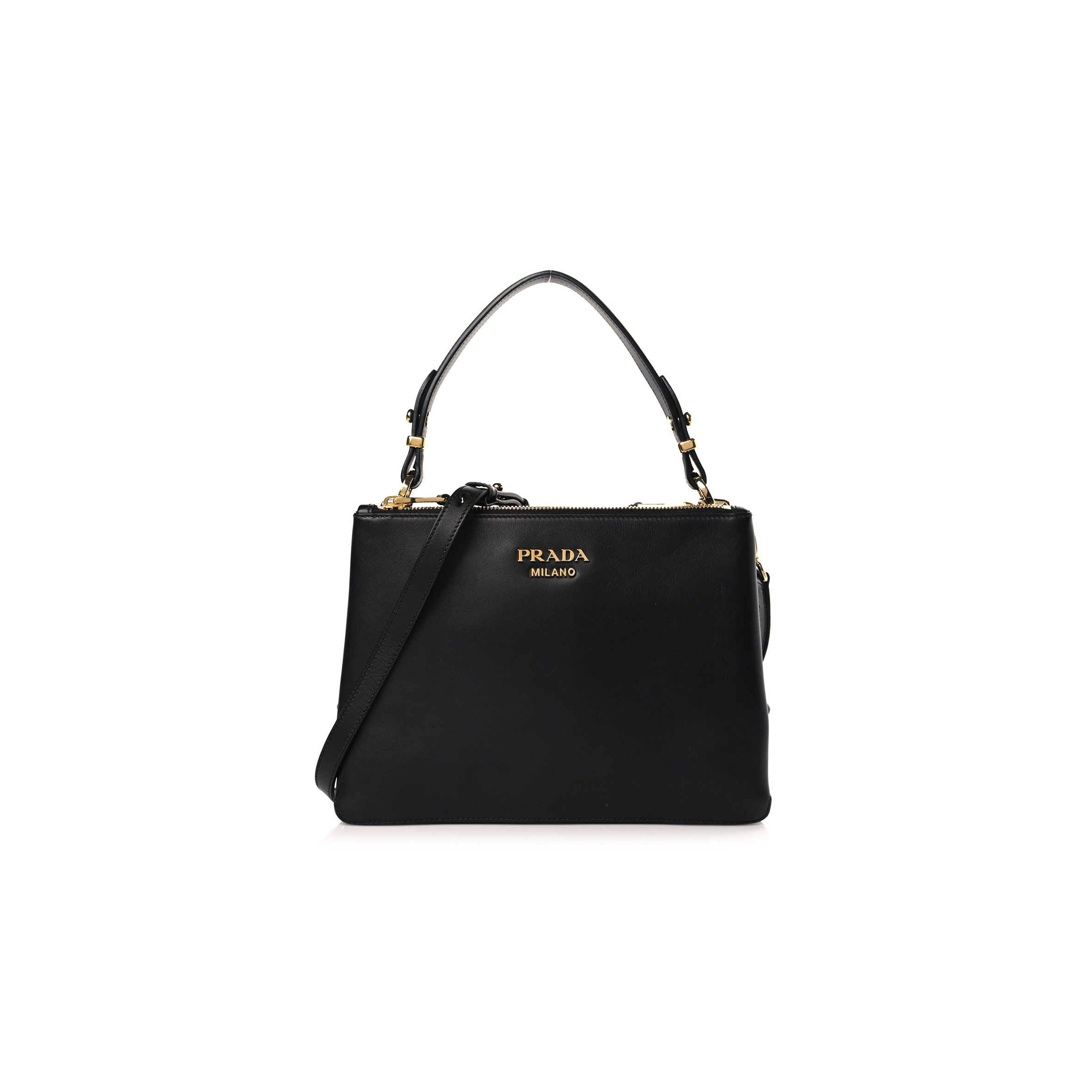 Pra*a new calfskin small deux shoulder bag black (27*20*4cm)