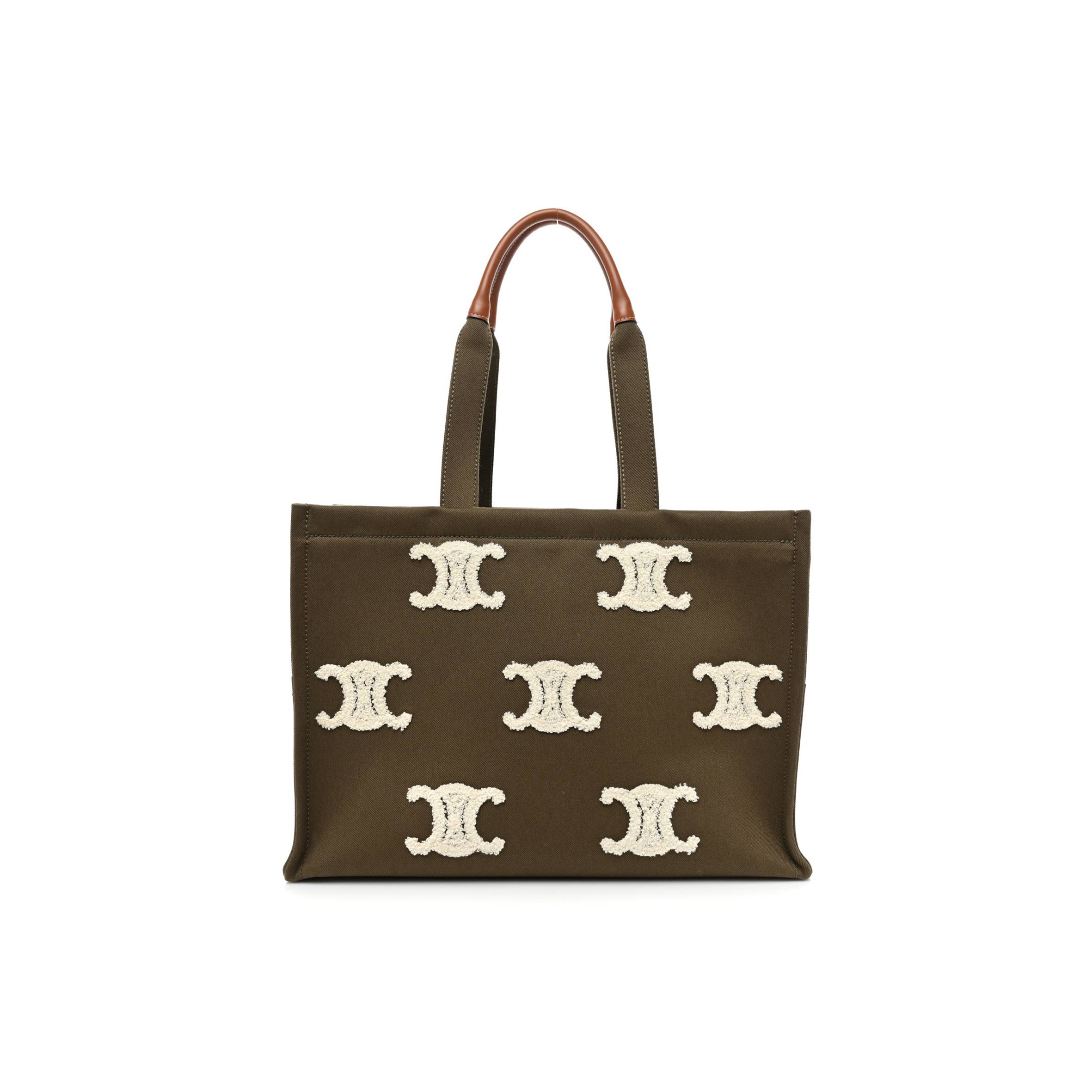 Ce**e canvas calfskin embroidered triomphe large cabas thais khaki tan (41*29*17cm)